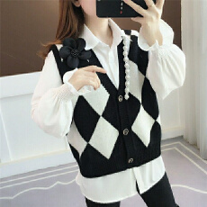 批发亚马逊小香风重工立体<b class='q'>花朵</b>气质女神V领针织菱形格马甲开衫毛衣