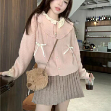 批发外贸<b class='q'>蕾丝</b>花边娃娃领蝴蝶结长袖针织开衫女秋甜美减龄百搭毛衣外套