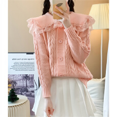 批发跨境外贸速卖通秋冬季新款学院风娃娃领<b class='q'>蕾丝</b>花边宽松开衫百搭毛衣