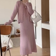 批发亚马逊<b class='q'>春</b>秋装新款优雅气质纯色吊带连衣裙搭配韩版针织开衫两件套