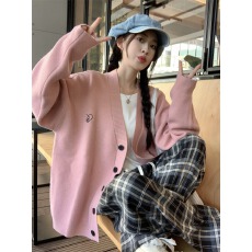 批发跨境秋冬季慵懒风休闲显瘦长袖V领<b class='q'>针织</b><b class='q'>开衫</b><b class='q'>女</b>外套中长款长袖上衣