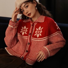 批发速卖通亚马逊韩版慵懒风秋冬款翻领雪花圣诞氛围感毛衣外穿<b class='q'>针织</b>衫