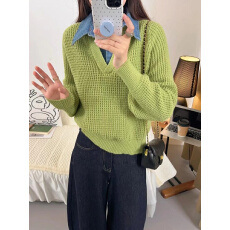 批发速卖通秋冬新款牛仔拼接<b class='q'>假两件</b>长袖毛衣设计感小众爆款针织衫<b class='q'>上衣</b>