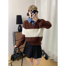 批发跨境亚马逊秋冬新款牛仔拼接<b class='q'>假两件</b>长袖毛衣设计感小众针织衫<b class='q'>上衣</b>