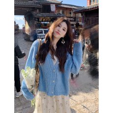 批发跨境亚马逊秋冬新款V领慵懒薄款<b class='q'>毛衣</b>开衫女宽松气质百搭针织外套