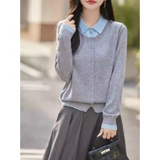 批发<b class='q'>外贸</b>新款撞色假两件针织开衫女POLO领毛衣<b class='q'>外套</b>高级感气质翻领上衣