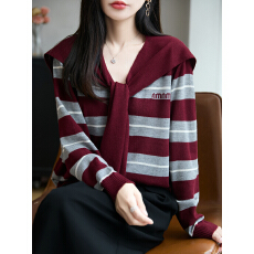 批发外贸秋冬海军领精纺羊毛衫针织毛衣女条纹拼色上衣宽松气质<b class='q'>打底衫</b>