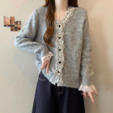 批发跨境<b class='q'>外贸</b>遮肚子韩系蕾丝拼接v领毛衣女秋冬季胖MM显瘦长袖针织衫