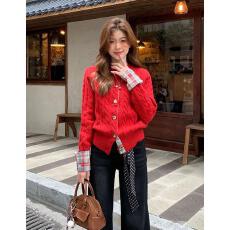 批发外贸韩系学院风格纹拼接袖口麻花针织<b class='q'>开衫</b>女冬季高级复古圆领毛衣