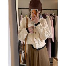 批发外贸法式软糯拼色麻花毛衣外套女秋冬温柔高级感宽松短款针织<b class='q'>开衫</b>