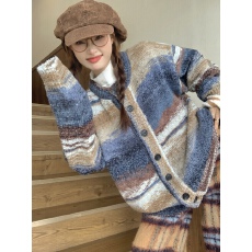 批发外贸彩色条纹毛衣女春秋宽松国潮复古慵懒风小众<b class='q'>开衫</b>针织上衣外套