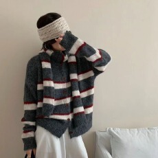 批发外贸<b class='q'>韩国</b>chic秋冬小众慵懒风圆领坑条撞色条纹设计百搭针织毛衣女