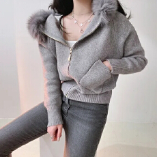 批发亚马逊秋冬<b class='q'>韩国</b>皮草女冬季连帽针织狐狸大毛领加厚毛衣短款外套