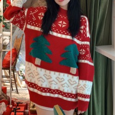 批发外贸慵懒风圣诞高级感小众圆领套头毛衣女秋冬新款甜美针织衫上衣