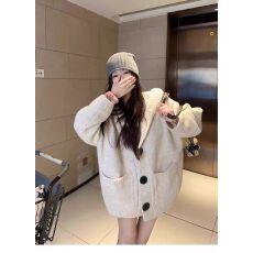 批发跨境慵懒风宽松连帽针织开衫女秋冬高级感软糯遮屁股毛衣外套上衣