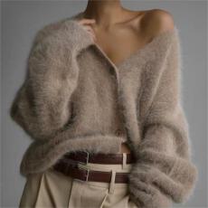 批发跨境外贸亚马逊欧美风秋冬慵懒宽松针织开衫毛衣长袖V领毛衣外套