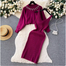 批发秋冬外贸法式轻奢高级感针织圆领上衣+吊带<b class='q'>连衣裙</b>两件套套装女