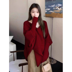 批发外贸速卖通蝙蝠袖毛衣女秋季V领新款套头针织衫不规则<b class='q'>中长款</b>上衣