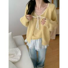 批发外贸超好看<b class='q'>蕾丝</b>花边领针织吊带毛衣开衫两件套温柔小清新秋装套装