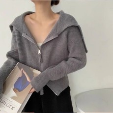 批发双拉链翻领海军领毛衣女外贸新款春季慵懒风开衫纯色针织衫外套