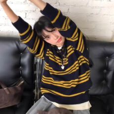 批发速卖通<b class='q'>韩国</b>秋季新款长袖polo领休闲撞色条纹针织衫羊毛复古毛衣女