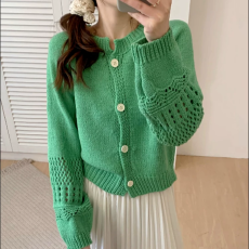 批发外贸韩系chic镂空提花纯色长袖针织开衫毛衣女秋冬季新款圆领上衣