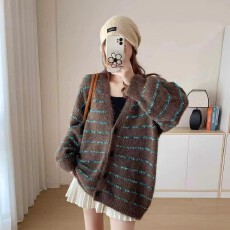 批发韩系学院减龄<b class='q'>气质</b>条纹毛衣外套女秋冬季外贸慵懒风中长款针织开衫