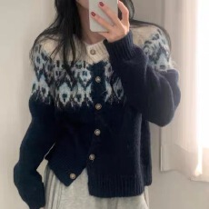 批发外贸韩国秋冬重工撞色提花长袖针织<b class='q'>开衫</b>单排扣圆领宽松毛衣外套<b class='q'>女</b>