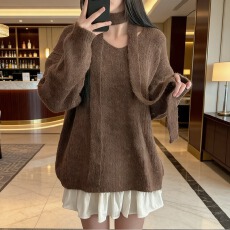 批发外贸速卖通<b class='q'>韩国</b>东大门秋冬V领挂脖飘带宽松慵懒风中长款腰带毛衣