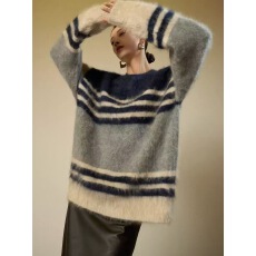 批发亚马逊秋冬款条纹撞色毛衣针织衫女<b class='q'>宽松</b>圆领独特超好看高级感穿搭