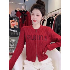 批发双拉链字母印花针织开衫女秋冬新款外贸韩系<b class='q'>气质</b>显瘦圆领短款毛衣