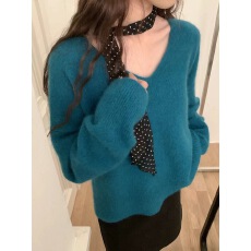 批发跨境亚马逊韩版软糯秋冬新款浣熊绒V领<b class='q'>宽松</b>慵懒感针织套头毛衣