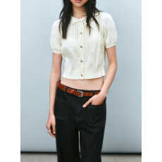 批发外贸圆领泡泡袖女早春高级感气质显瘦蝴蝶结肌理感系带短袖<b class='q'>针织衫</b>