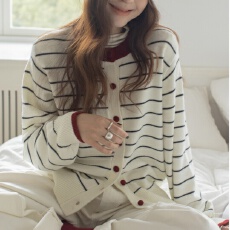 批发亚马逊撞色条纹毛衣女冬宽松慵懒高级感上衣羊毛混纺针织开衫外套