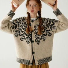 批发<b class='q'>外贸</b>费尔岛软糯毛衣外套女冬季复古慵懒风撞色圆领氛围感针织开衫