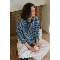 批发跨境<b class='q'>外贸</b>极简风复古百搭彩点条纹撞色搭配针织毛衣女开衫休闲外套