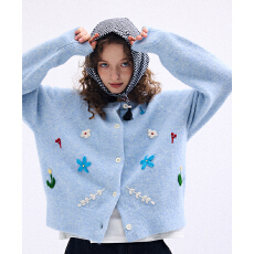 批发亚马逊韩系花朵刺绣针织开衫女秋冬新款软糯百搭温柔气质毛衣外套