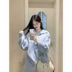 批发奶fufu外贸慵懒毛衣女秋冬新款蓝色长袖宽松翻领麻花针织开衫外套