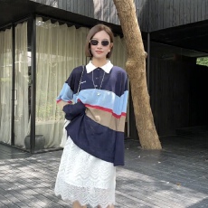 批发跨境<b class='q'>外贸</b>春秋新款撞色条纹针织衫T恤女宽松百搭长袖慵懒风上衣女