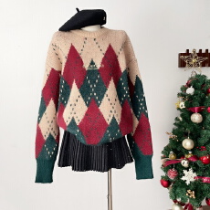 批发跨境<b class='q'>外贸</b>秋冬季新款复古菱格撞色圣诞毛衣女慵懒风宽松针织衫长袖