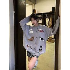 批发跨境亚马逊美式复古趣味卡通小狗<b class='q'>针织</b>开衫设计感秋季慵懒风毛衣