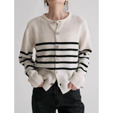 批发跨境<b class='q'>外贸</b>复古极简风撞色条纹圆领针织开衫外套女秋冬季高级感毛衣