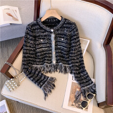 批发跨境<b class='q'>外贸</b>亮丝闪闪流苏小香风毛衣洋气外搭高级感圆领针织开衫外套