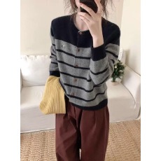 批发外贸韩系穿搭<b class='q'>条纹</b>浣熊绒毛衣外套女秋装新款软糯宽松针织开衫上衣