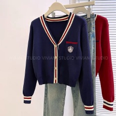 批发跨境亚马逊<b class='q'>韩版</b>早秋潮流新款气质淑女学院风针织V领单排扣开衫女