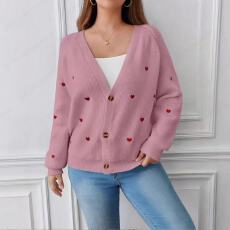 批发跨境<b class='q'>外贸</b>亚马逊爱心刺绣针织衫外套<b class='q'>欧美</b>秋冬单排扣V领毛衣开衫女