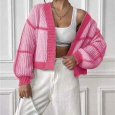 批发亚马逊Temu速卖通女士开衫跨境<b class='q'>欧美</b>女装秋冬外套撞色拼接短款毛衣