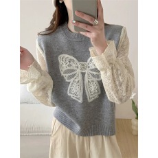 批发速卖通<b class='q'>甜美</b>可爱蝴蝶结装饰针织马甲蕾丝打底衫女春季新款叠穿上衣