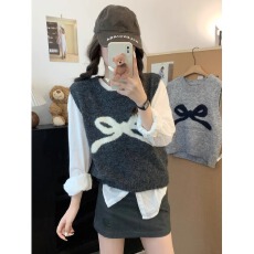 批发跨境外贸<b class='q'>甜美</b>风蝴蝶结提花针织马甲女早秋小个子叠穿休闲软糯上衣