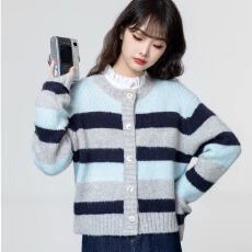 批发<b class='q'>外贸</b>韩系条纹圆领毛衣外套女春秋新款撞色宽松软糯针织<b class='q'>开衫</b>短上衣